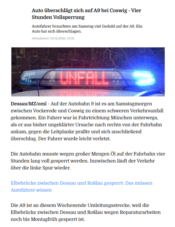 Unfallbericht A9 Mitteldeutsche Zeitung